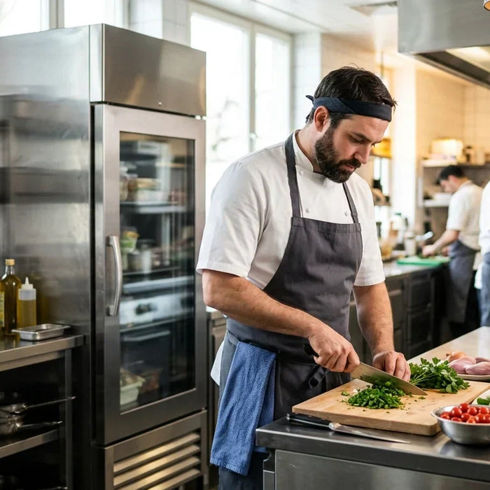 Professional chef in a modern commercial kitchen next to stainless steel refrigeration