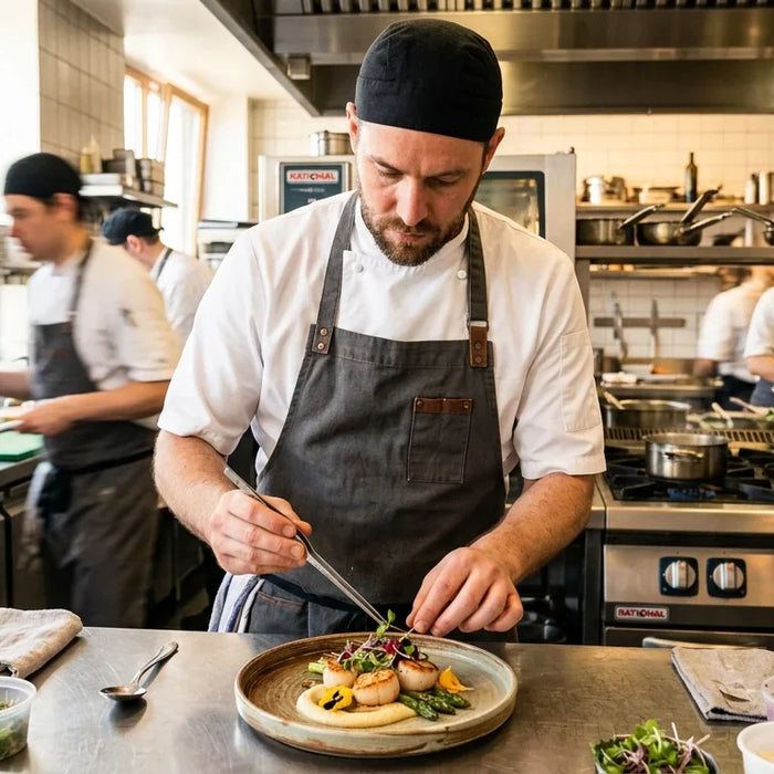Professional commercial kitchen with a focused chef plating a dish