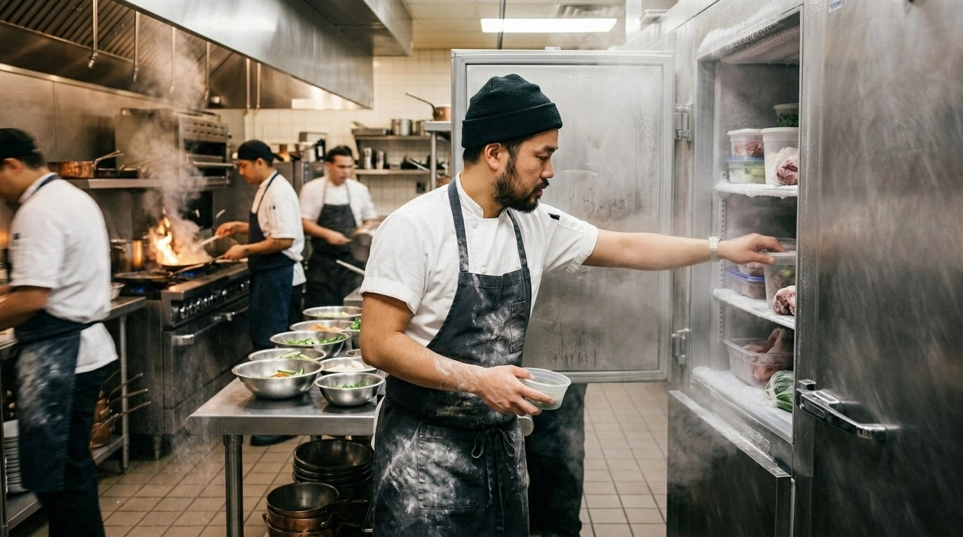 A focused chef in a busy, high-volume kitchen with the visible cold mist of an Atosa 3-door freezer.