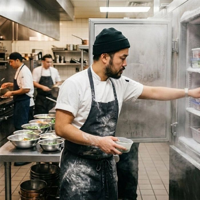 A focused chef in a busy, high-volume kitchen with the visible cold mist of an Atosa 3-door freezer.