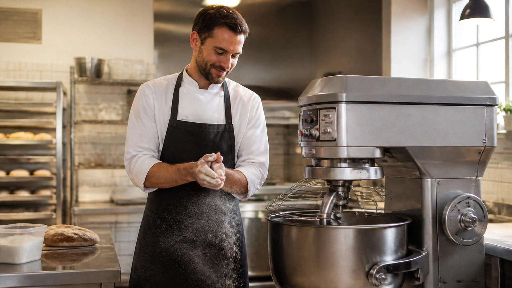 Commercial planetary stand mixer with stainless steel bowl mixing dough in a professional bakery kitchen