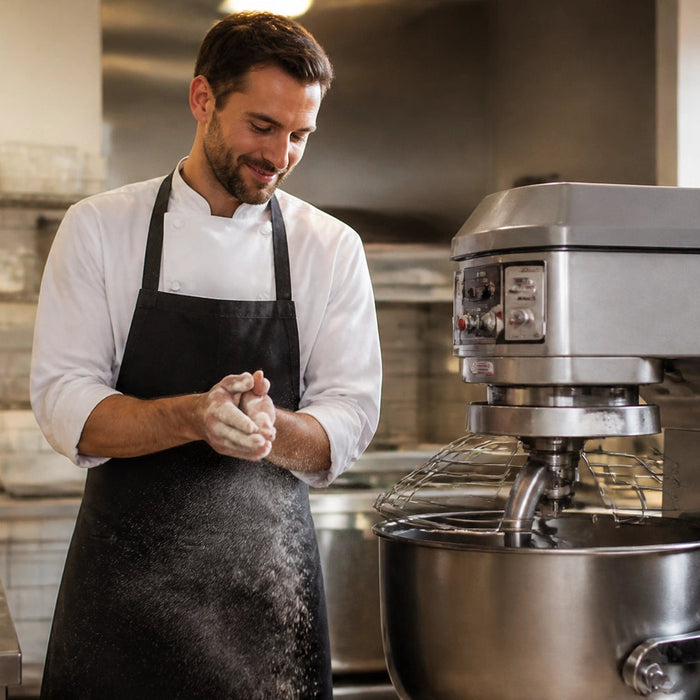 Commercial planetary stand mixer with stainless steel bowl mixing dough in a professional bakery kitchen