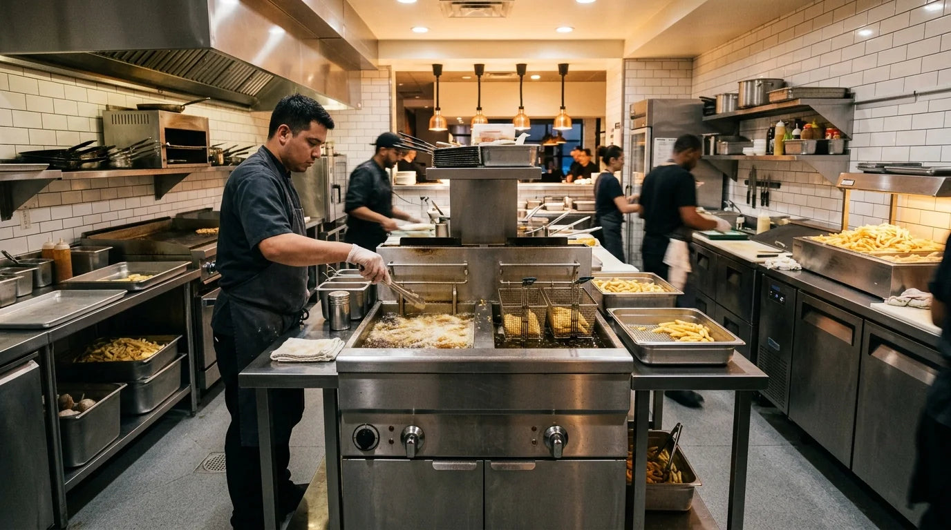 ommercial deep fryer centered in a busy modern fast-casual restaurant kitchen with stainless steel 40 lbs. fryer