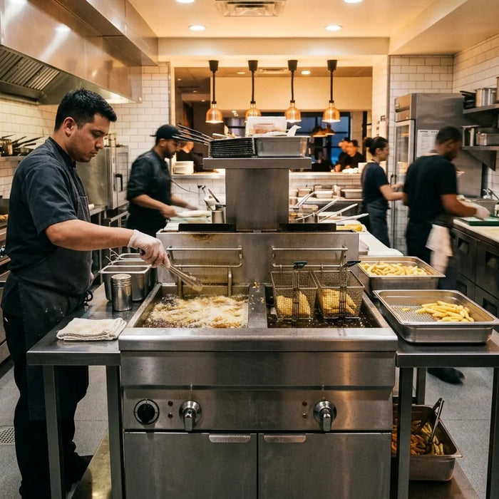 ommercial deep fryer centered in a busy modern fast-casual restaurant kitchen with stainless steel 40 lbs. fryer