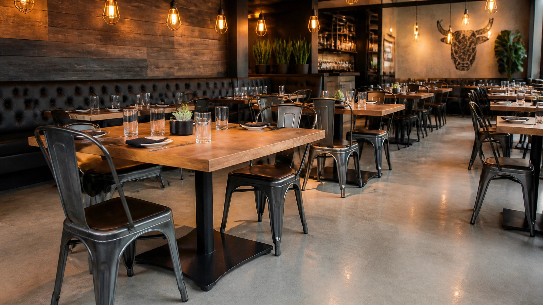 Commercial restaurant tables and chairs in a modern dining room with pedestal-base hardwood tables and welded steel-frame chairs.