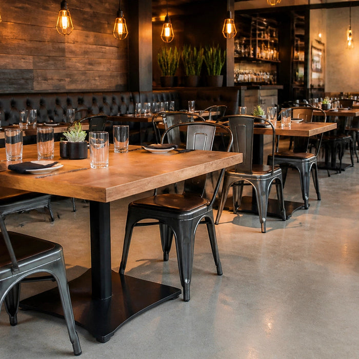 Commercial restaurant tables and chairs in a modern dining room with pedestal-base hardwood tables and welded steel-frame chairs.