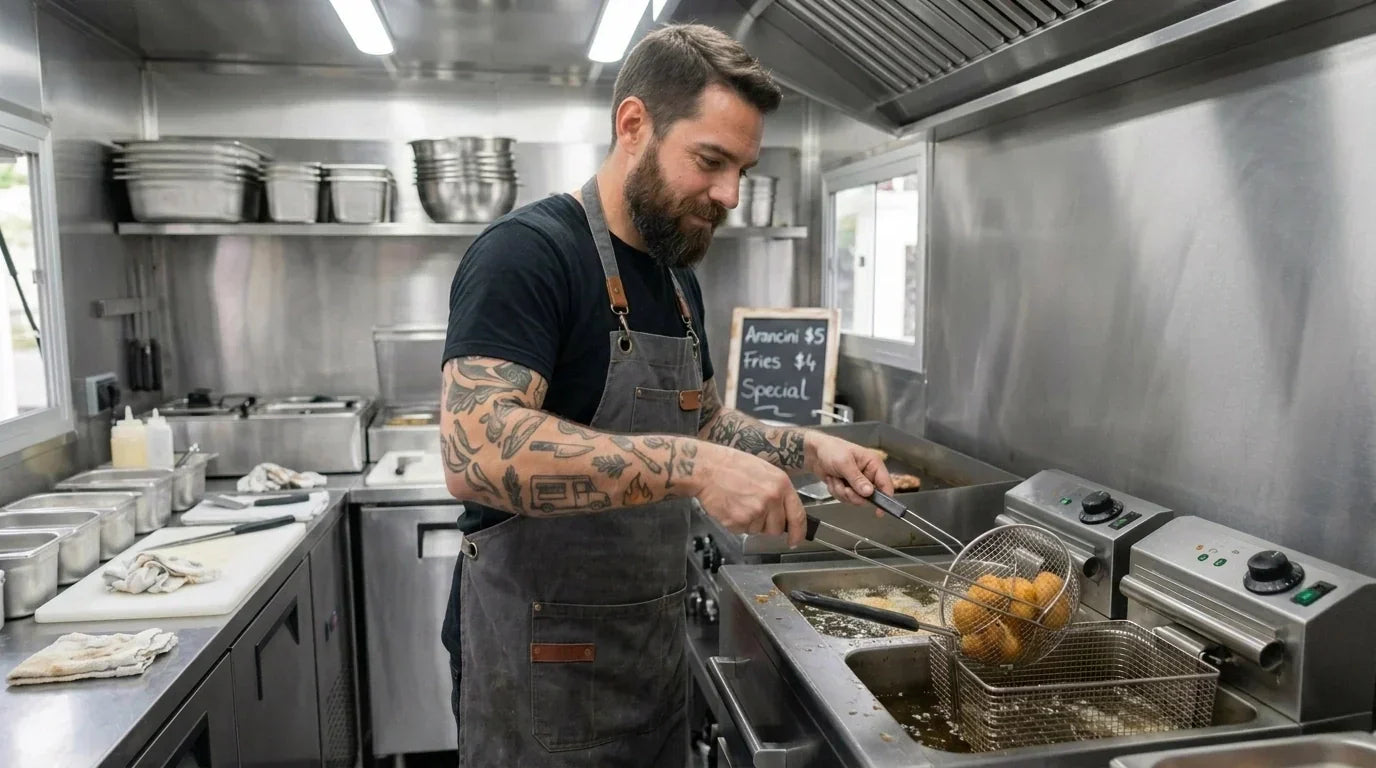 An indie-looking food truck cook in a t-shirt and apron works a professional deep fryer inside a tight, clean stainless steel mobile kitchen.