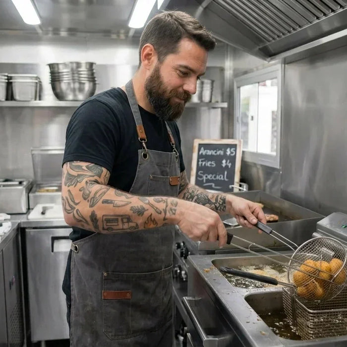 An indie-looking food truck cook in a t-shirt and apron works a professional deep fryer inside a tight, clean stainless steel mobile kitchen.