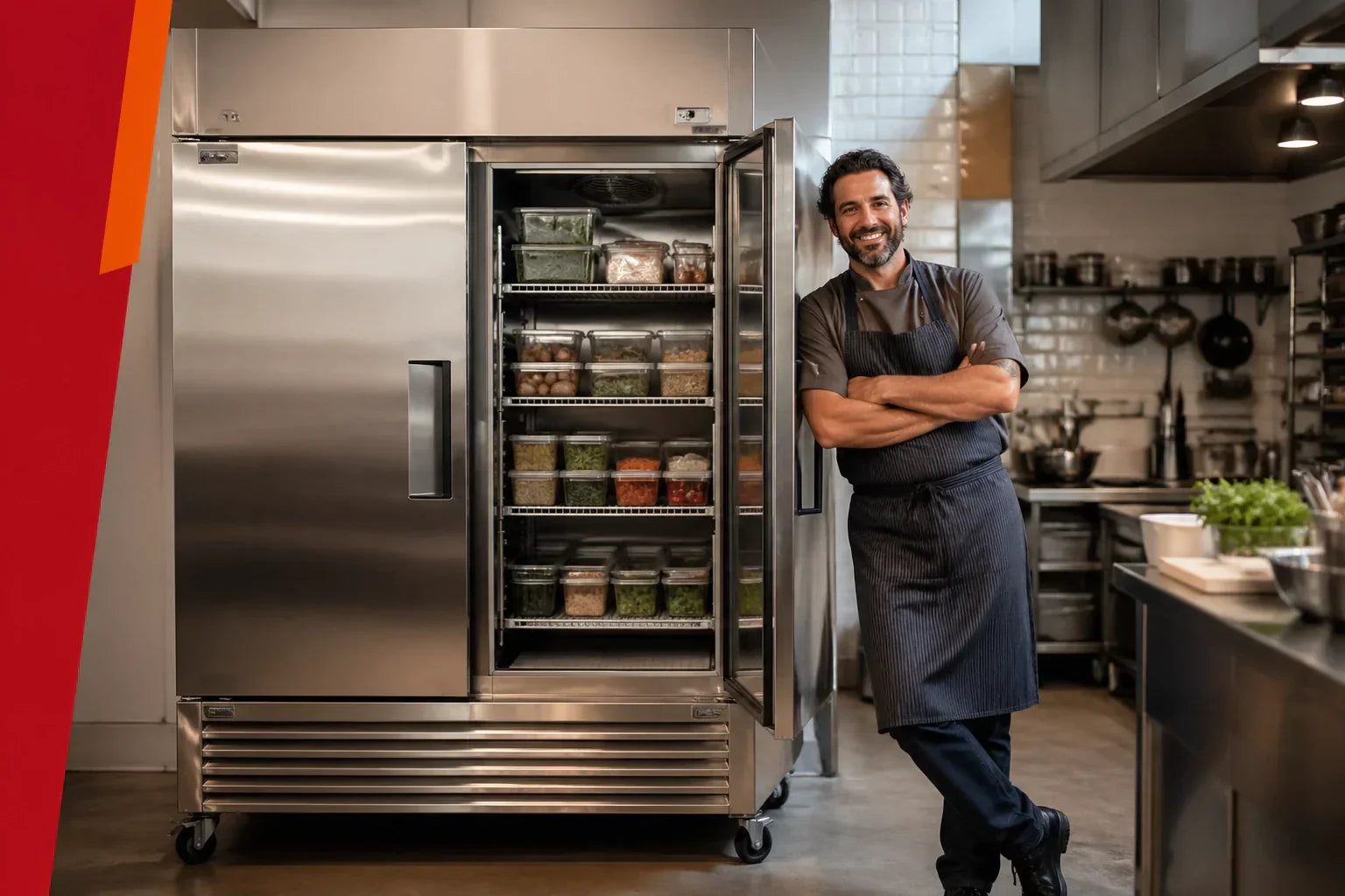 A restaurant owner standing confidently next to a professional Atosa two-door freezer in a commercial kitchen