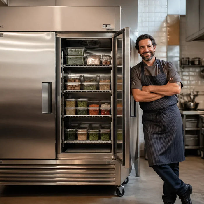A restaurant owner standing confidently next to a professional Atosa two-door freezer in a commercial kitchen