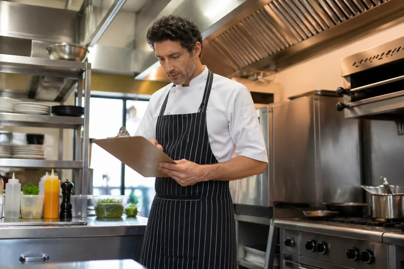 Focused restaurant owner reviewing kitchen inventory near professional equipment