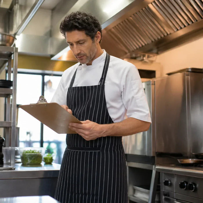 Focused restaurant owner reviewing kitchen inventory near professional equipment