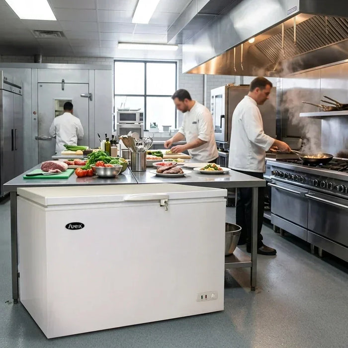 White commercial chest freezer in a busy professional restaurant kitchen