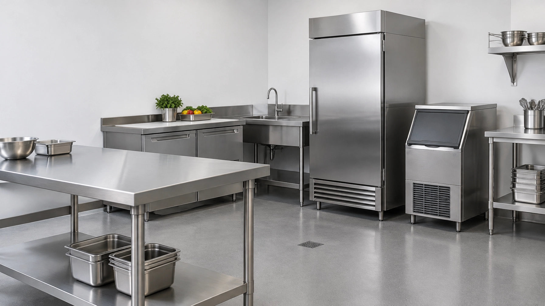 Stainless steel commercial kitchen with a reach-in refrigerator, ice machine, prep surfaces, sink, and worktables.