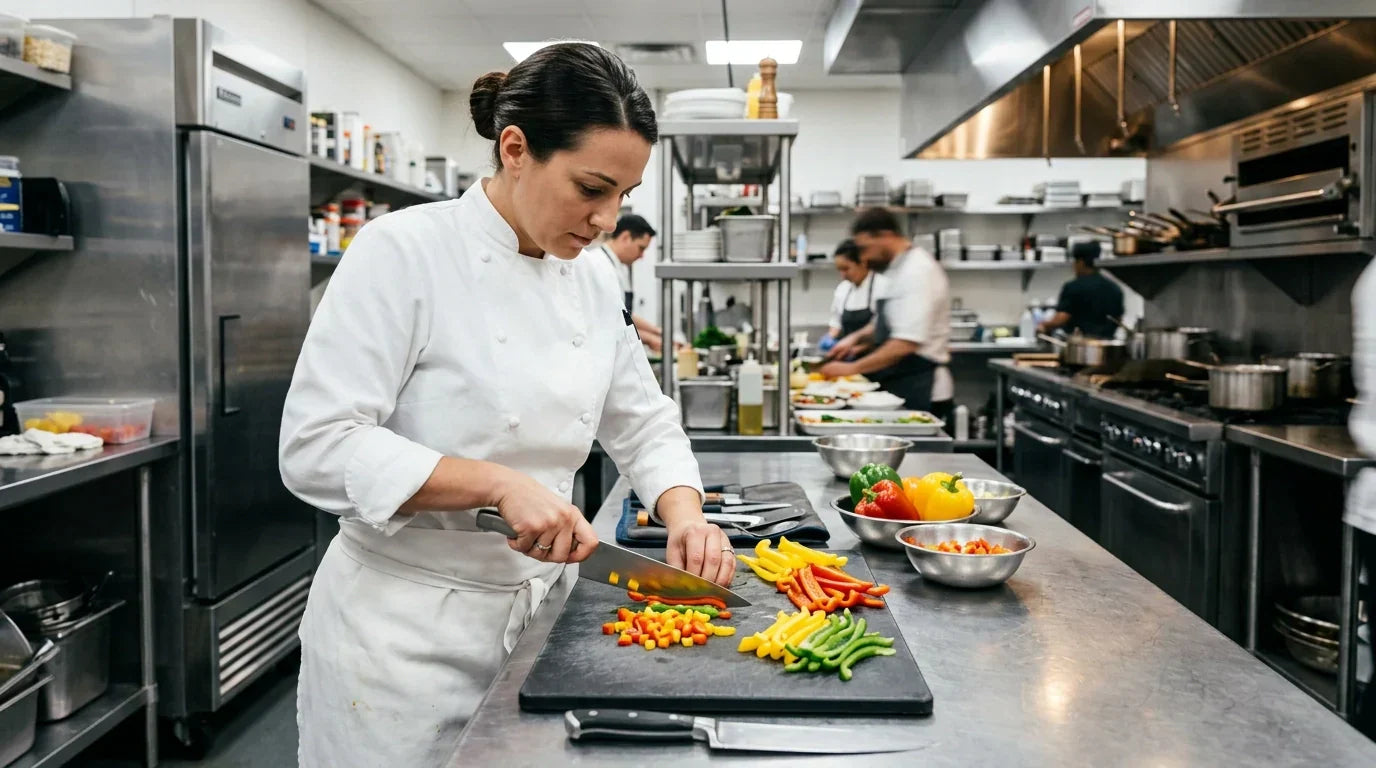 hero imageA professional chef dicing vegetables on a stainless steel table in a Houston kitchen