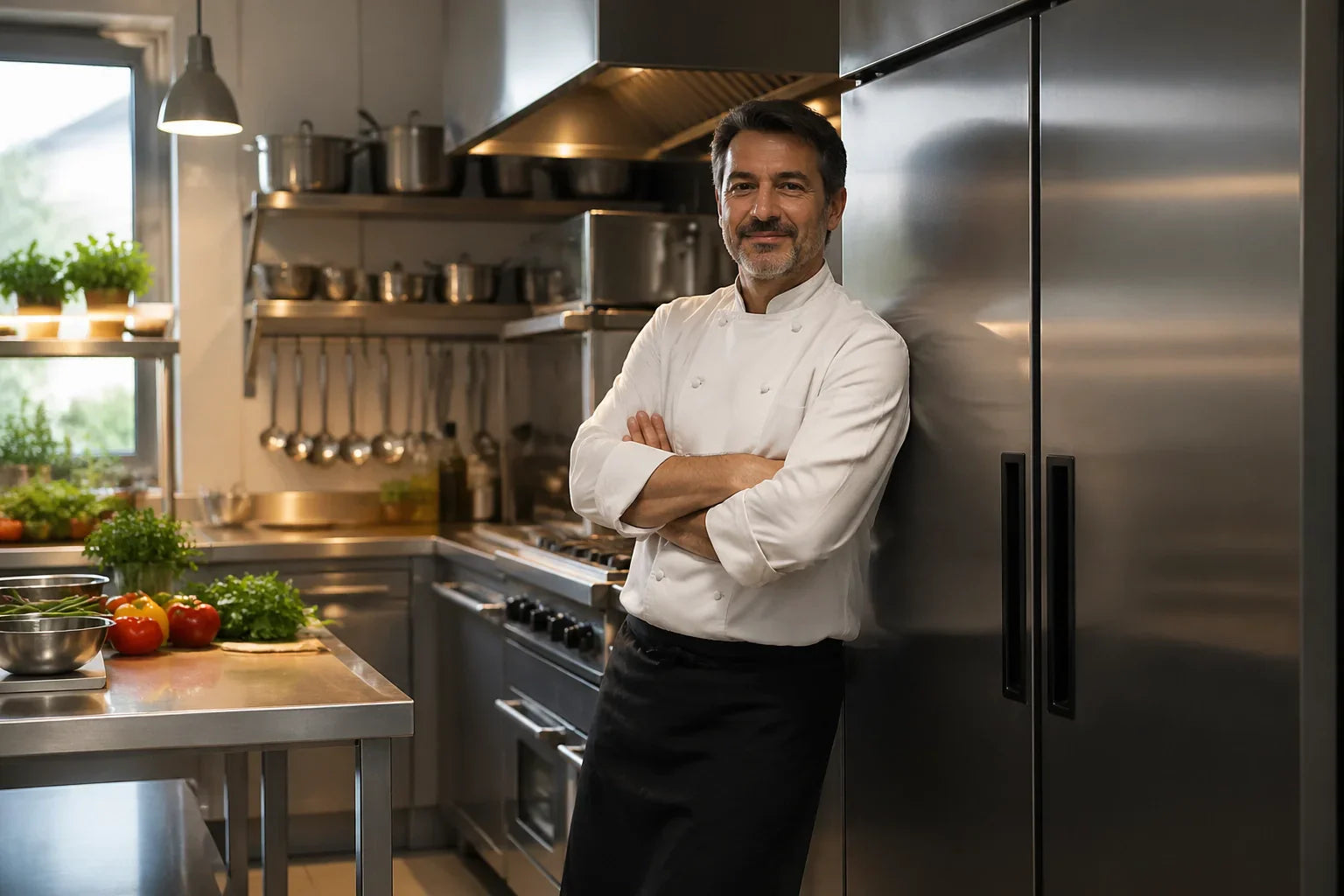A professional chef in a compact kitchen leaning against a dual-zone refrigerator/freezer combo unit, looking satisfied with his efficient station