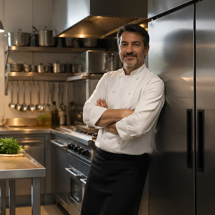 A professional chef in a compact kitchen leaning against a dual-zone refrigerator/freezer combo unit, looking satisfied with his efficient station