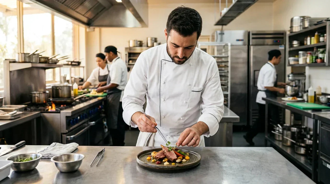 Professional chef plating in a commercial kitchen