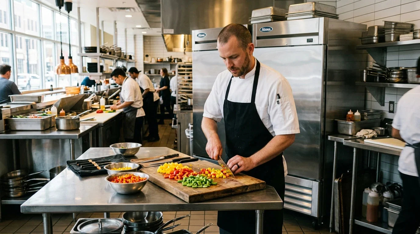 Professional chef prepping vegetables in a high-end Columbus kitchen