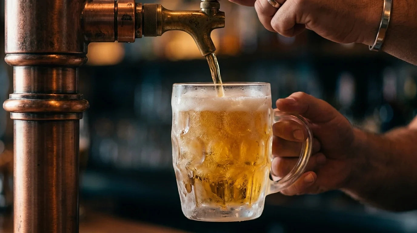 A close-up shot shows a bartender pouring beer into a heavily frosted glass mug.