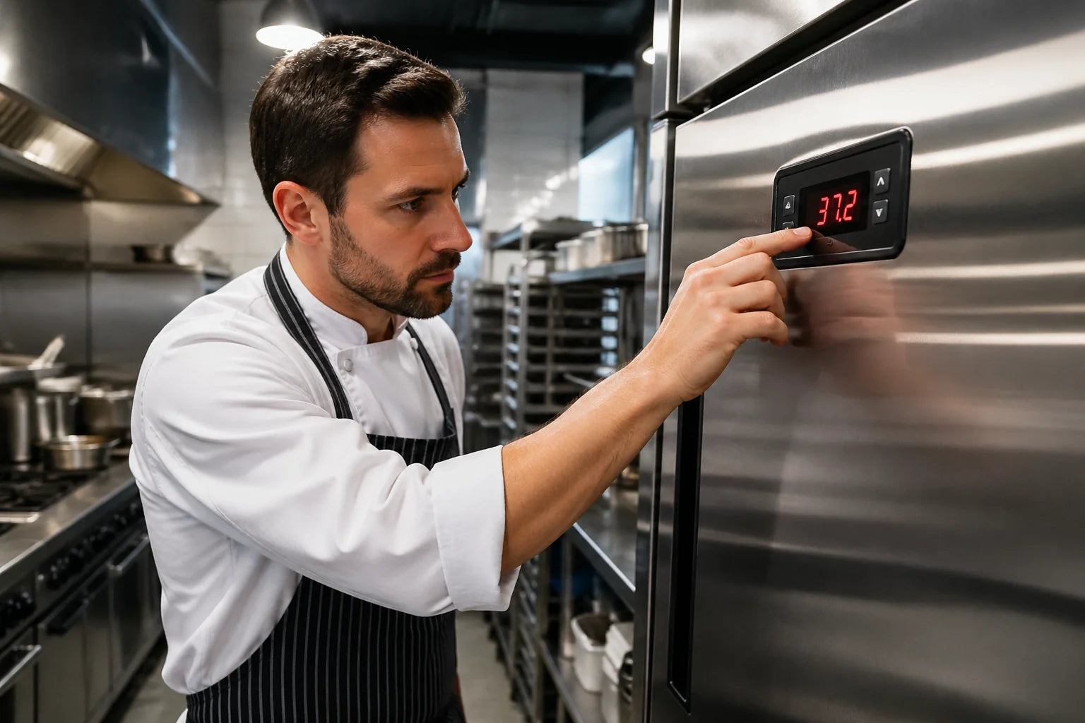 A professional chef focused on adjusting a Dixell controller on a stainless steel commercial refrigerator in a busy kitchen environment