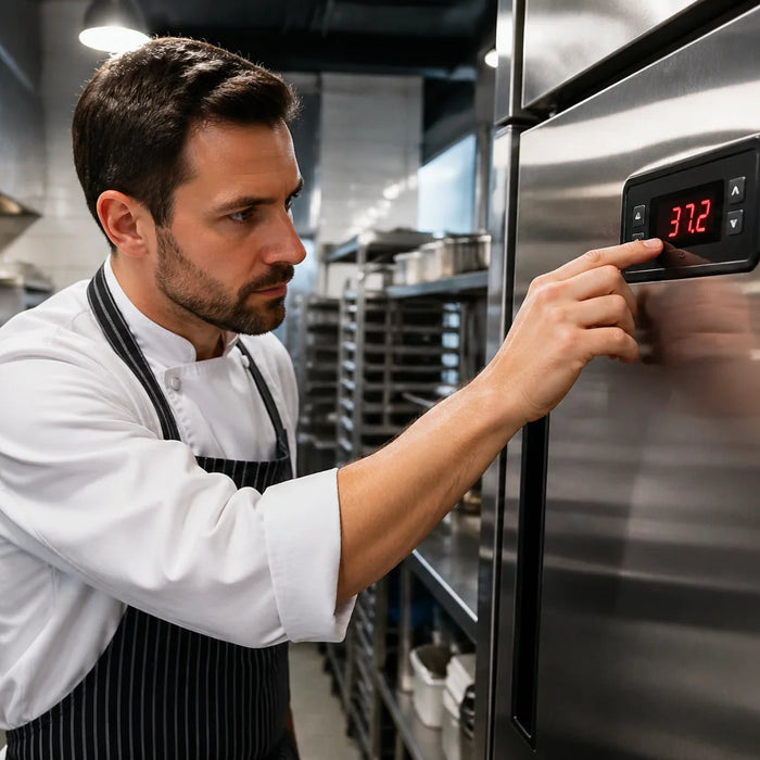 A professional chef focused on adjusting a Dixell controller on a stainless steel commercial refrigerator in a busy kitchen environment