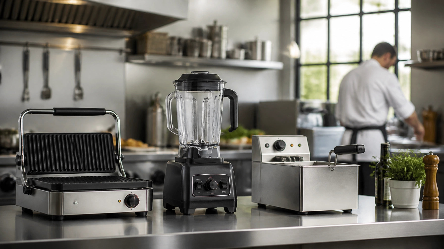 Chef arranging small commercial kitchen equipment on a stainless steel prep line