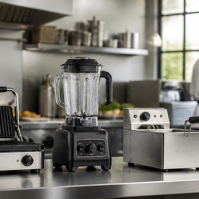 Chef arranging small commercial kitchen equipment on a stainless steel prep line