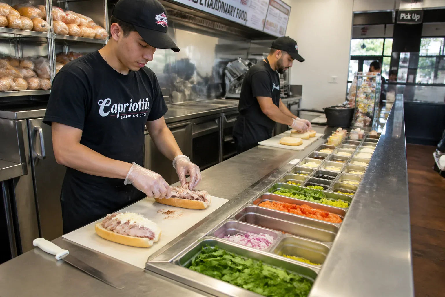 A high-angle shot of a busy sandwich shop during a lunch rush, focusing on a mega top sandwich prep table. 