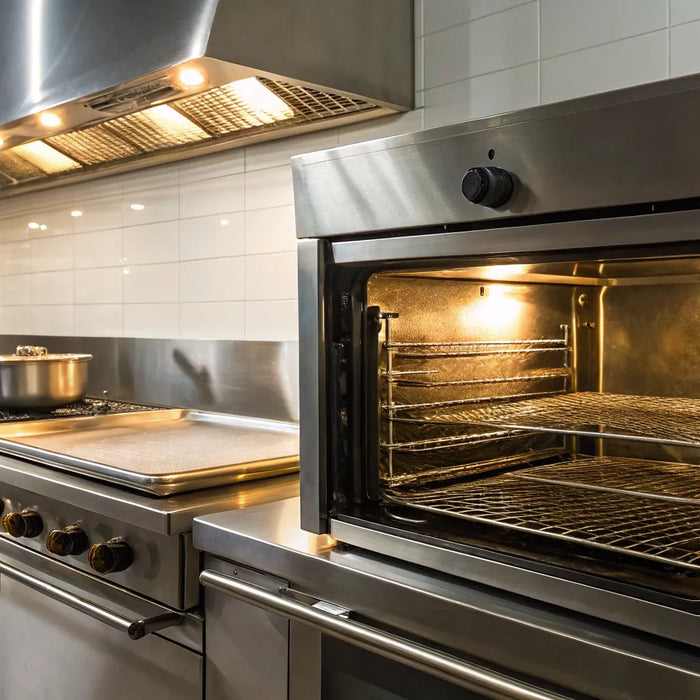 A clean commercial kitchen with stainless steel appliances found near me.