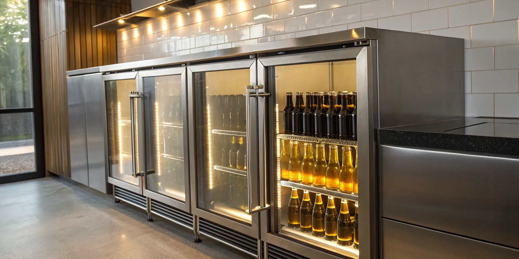 Glass-door commercial beer coolers stocked with a variety of beers in a bar.
