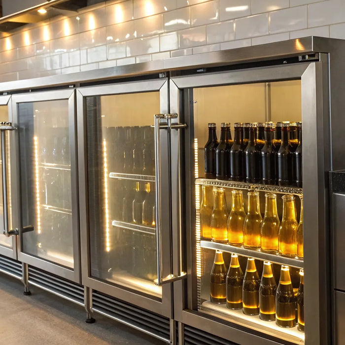 Glass-door commercial beer coolers stocked with a variety of beers in a bar.