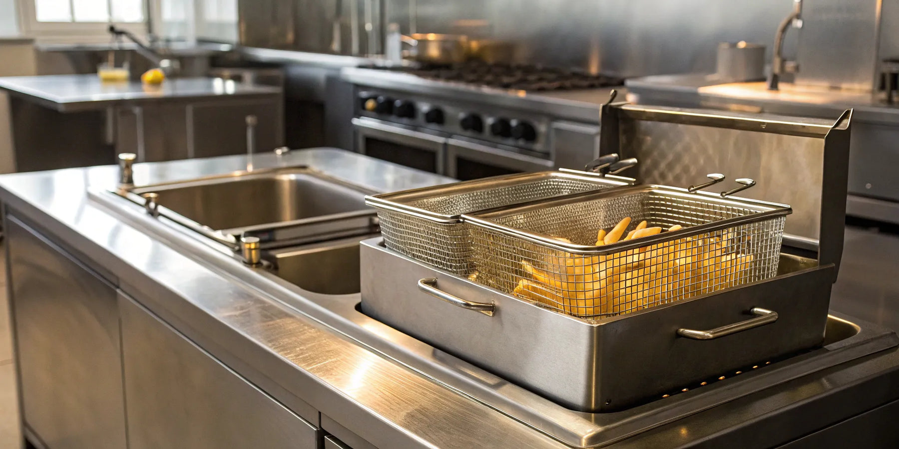 Stainless steel commercial fryer for sale in a professional kitchen with a basket of fries.