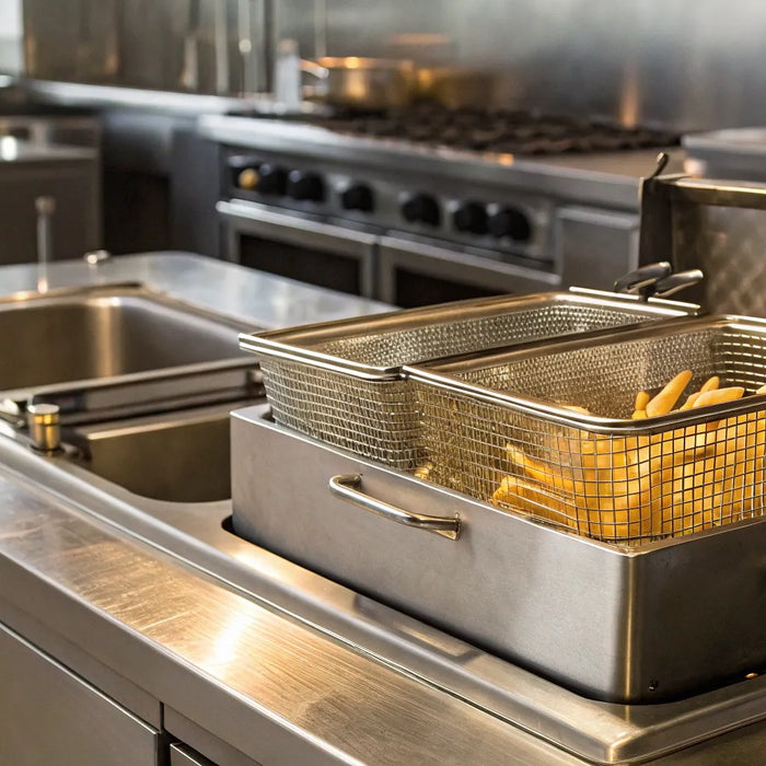 Stainless steel commercial fryer for sale in a professional kitchen with a basket of fries.