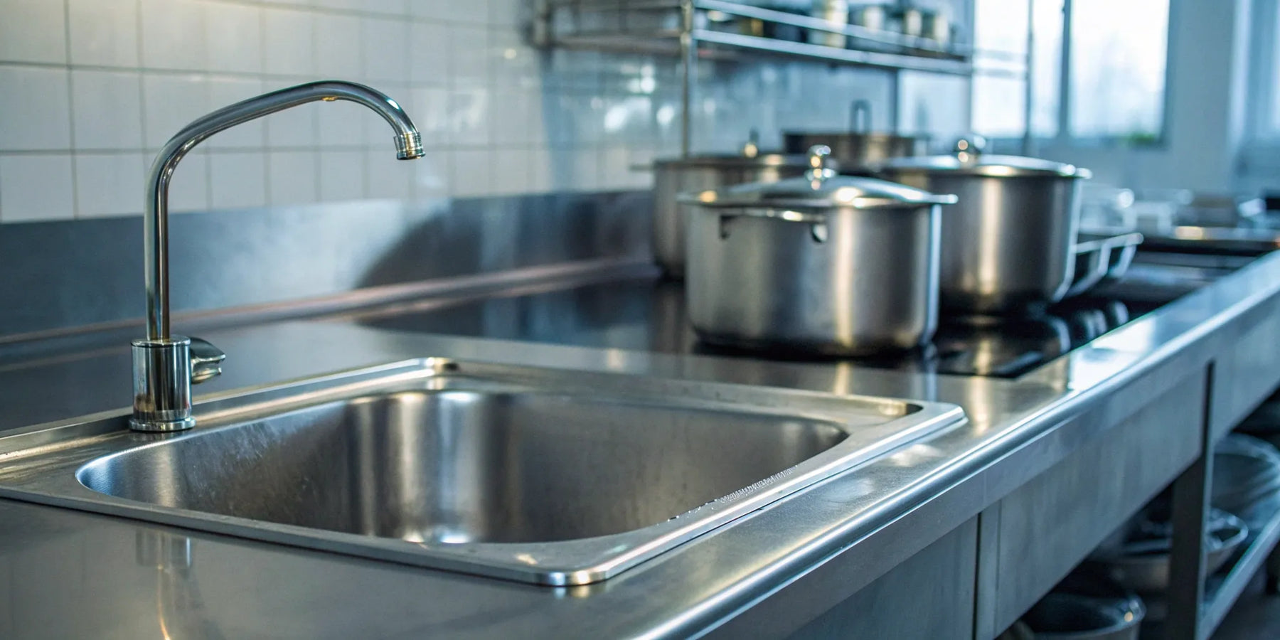 A multi-bowl stainless steel commercial kitchen sink installed in a professional setting.