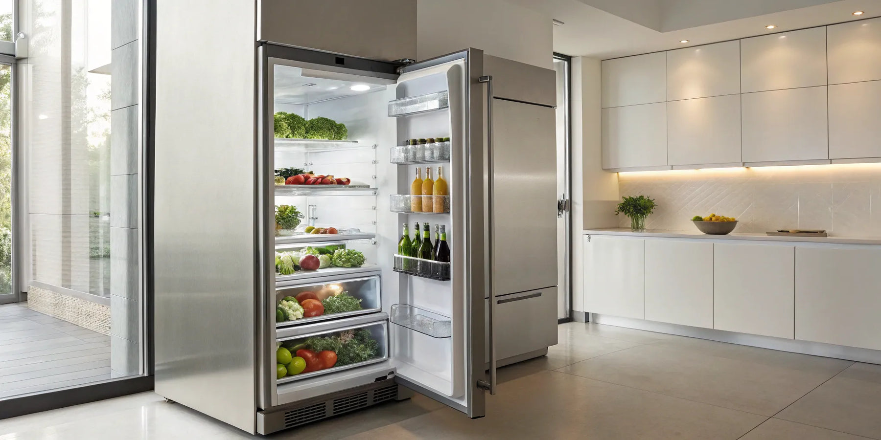 A commercial reach-in fridge with an open door displaying organized produce and beverages on its shelves.