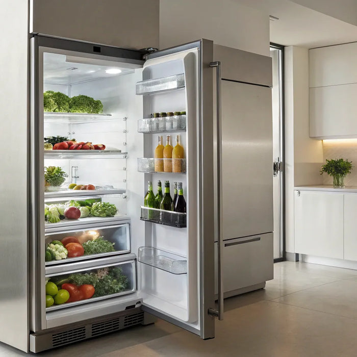 A commercial reach-in fridge with an open door displaying organized produce and beverages on its shelves.
