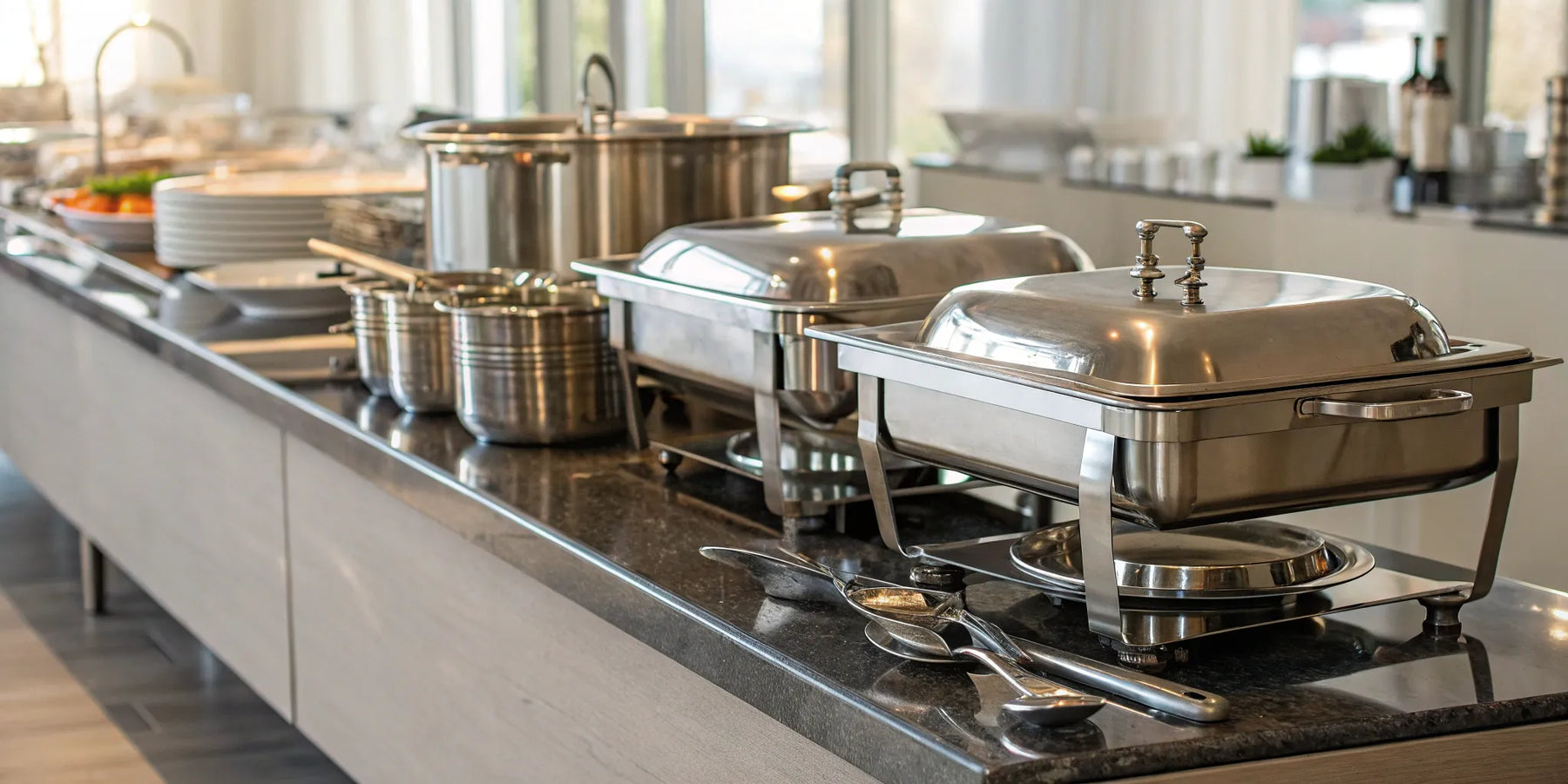 Essential kitchen and restaurant supplies, including pots and pans, for outfitting a commercial kitchen.