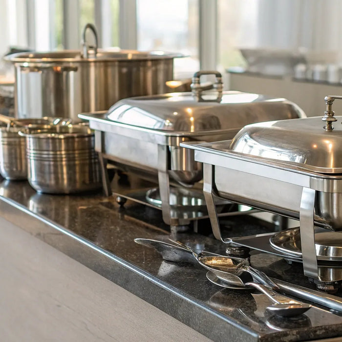 Essential kitchen and restaurant supplies, including pots and pans, for outfitting a commercial kitchen.