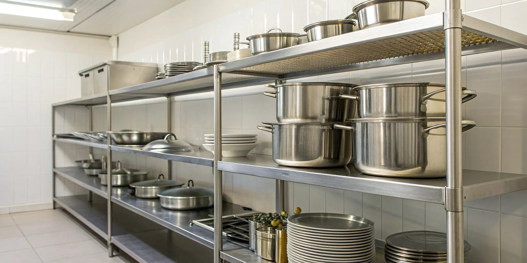Stainless shelves holding organized pots and pans in a commercial kitchen.