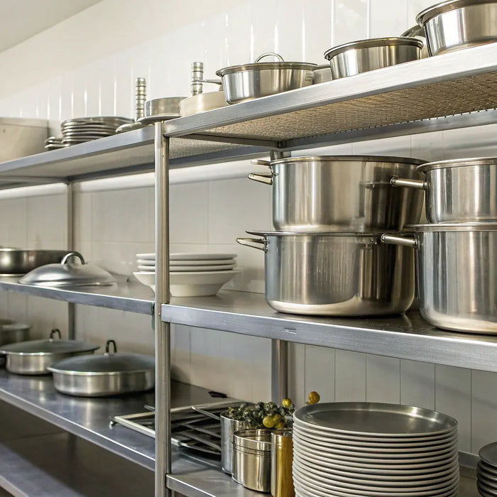Stainless shelves holding organized pots and pans in a commercial kitchen.