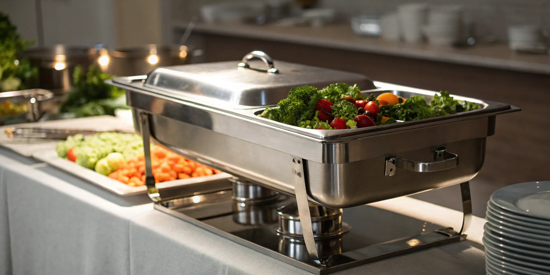 Different sizes of stainless steel food pans arranged on a buffet with fresh salad.