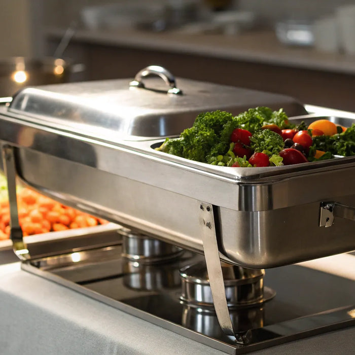 Different sizes of stainless steel food pans arranged on a buffet with fresh salad.