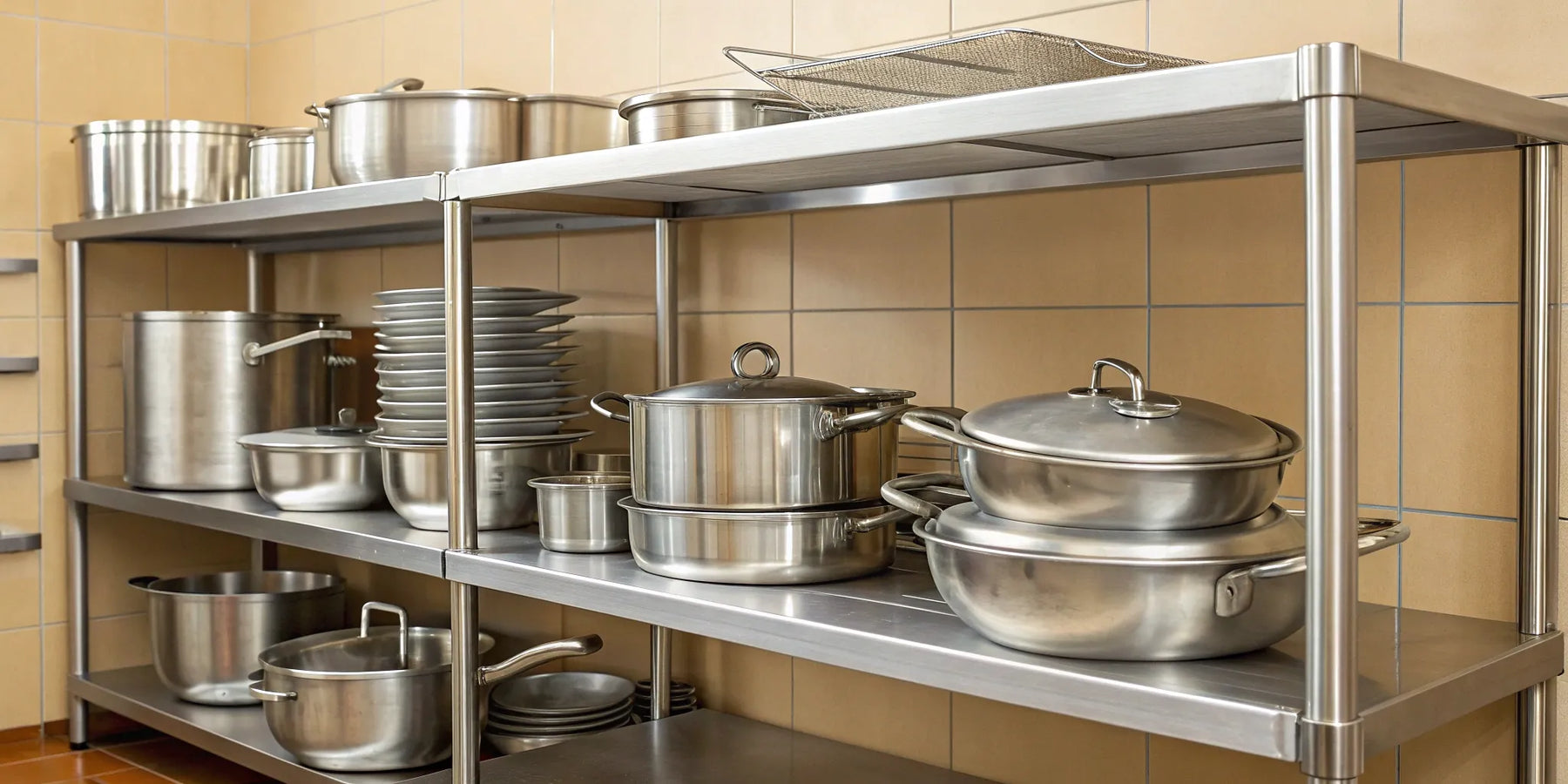 Durable stainless steel shelves organized with cookware in a commercial kitchen.