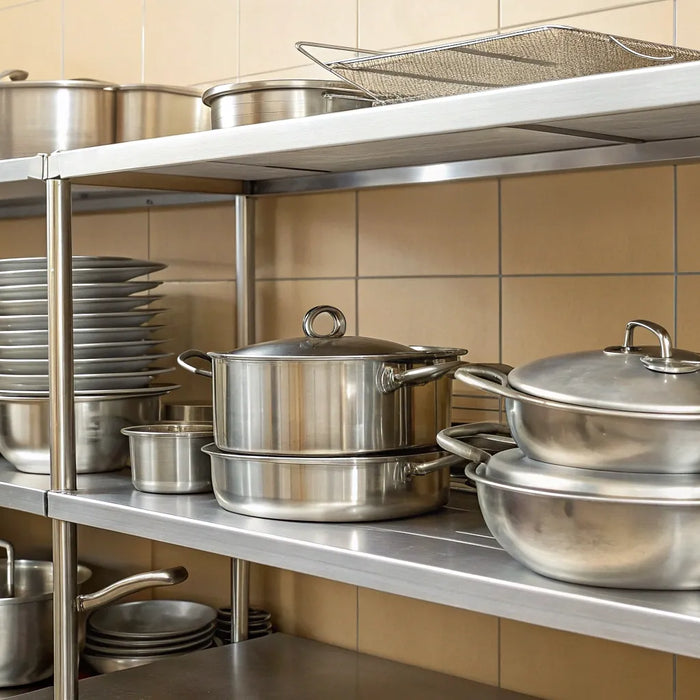 Durable stainless steel shelves organized with cookware in a commercial kitchen.