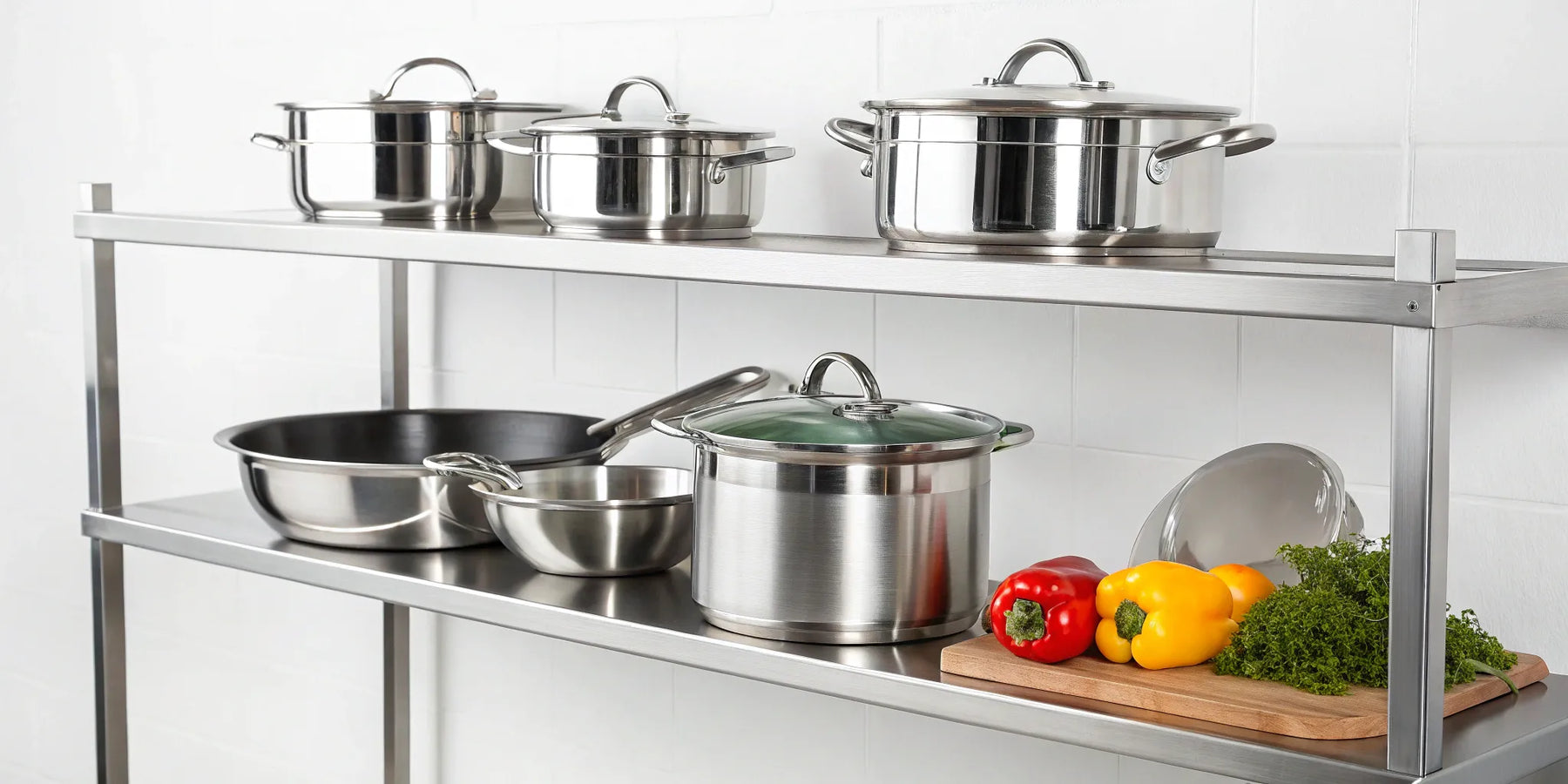 Stainless steel shelves for kitchens organized with pots, pans, and supplies in a commercial setting.