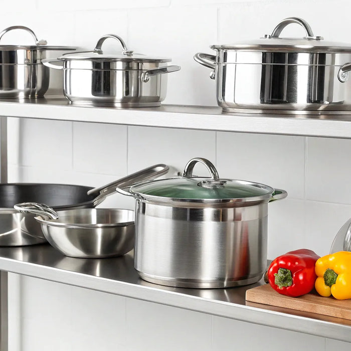 Stainless steel shelves for kitchens organized with pots, pans, and supplies in a commercial setting.