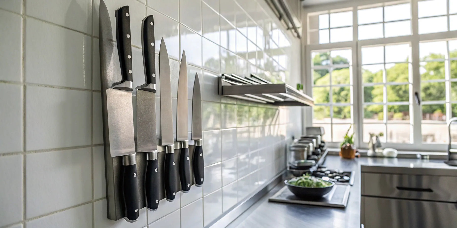 Essential kitchen equipment for a Fresno restaurant, featuring chef's knives on a magnetic strip.