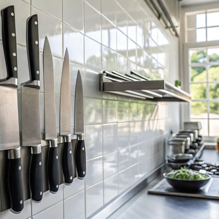 Essential kitchen equipment for a Fresno restaurant, featuring chef's knives on a magnetic strip.