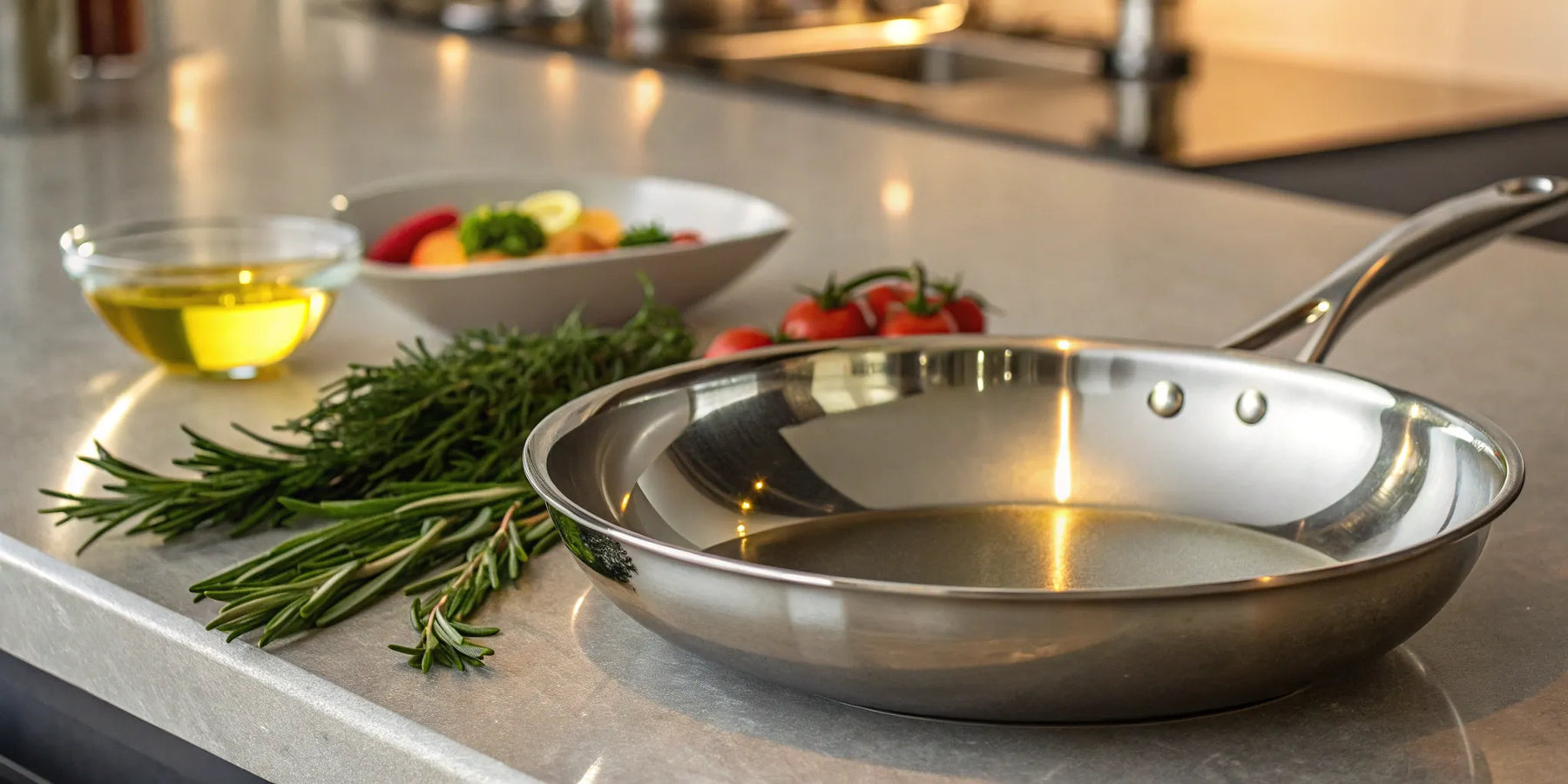 A stainless steel restaurant quality pan with fresh ingredients ready for cooking.